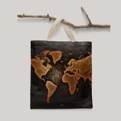 ساک خرید پارچه ای طرح نقشه جهان قهوه ای مپگرد