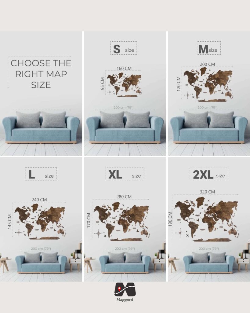 سایز نقشه جهان چوبی پازلی پرایم گردویی مپگرد