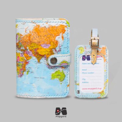 ست کاور پاسپورت و تگ چمدون طرح نقشه جهان آبی