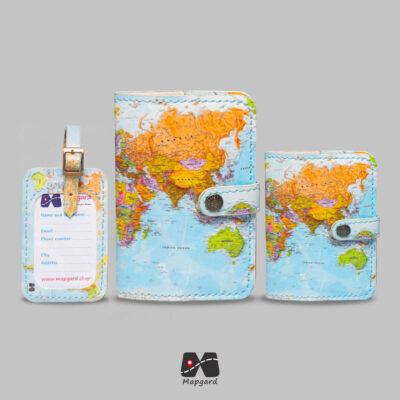 ست کاور پاسپورت تگ چمدون و جاکارتی طرح نقشه جهان آبی