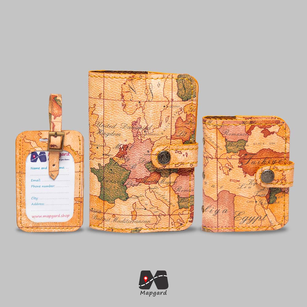 ست کاور پاسپورت تگ چمدون و جاکارتی طرح نقشه جهان قدیمی