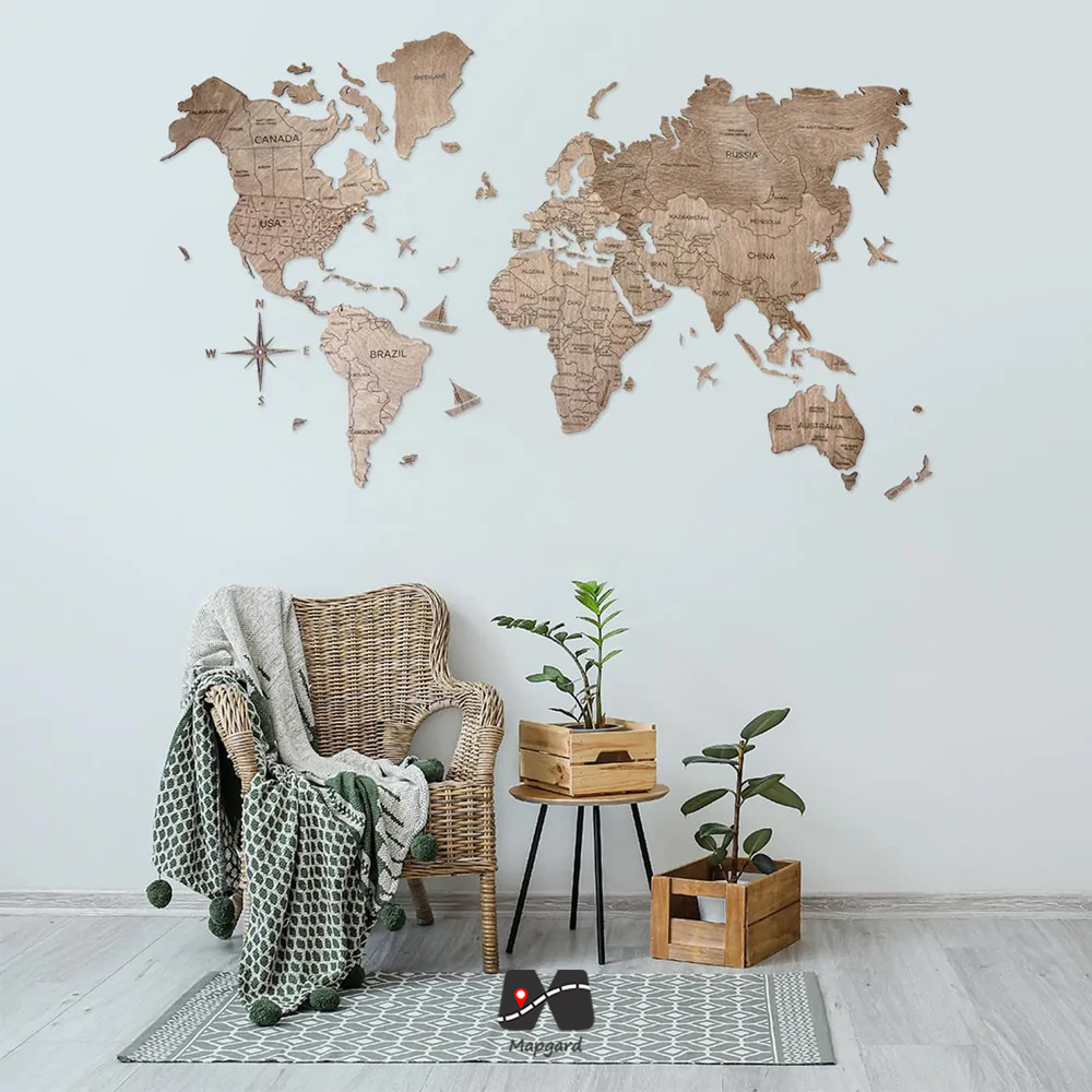 نقشه جهان چوبی مپگرد رنگ نسکافه ای