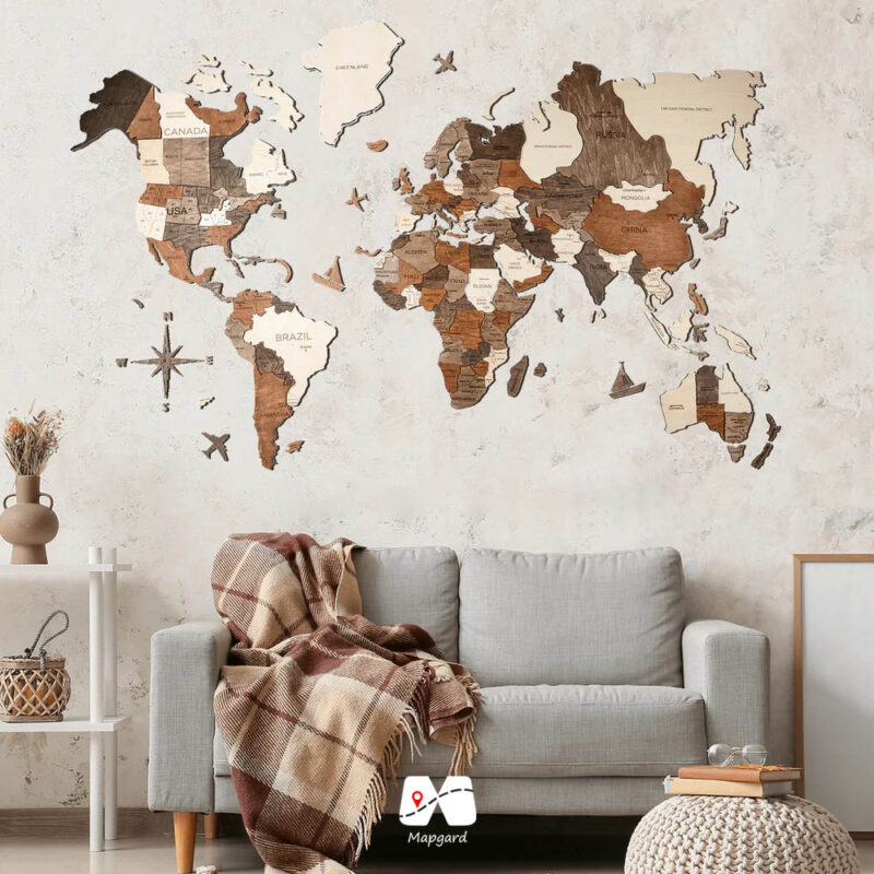 نقشه جهان چوبی پازلی سه بعدی رنگ خردلی