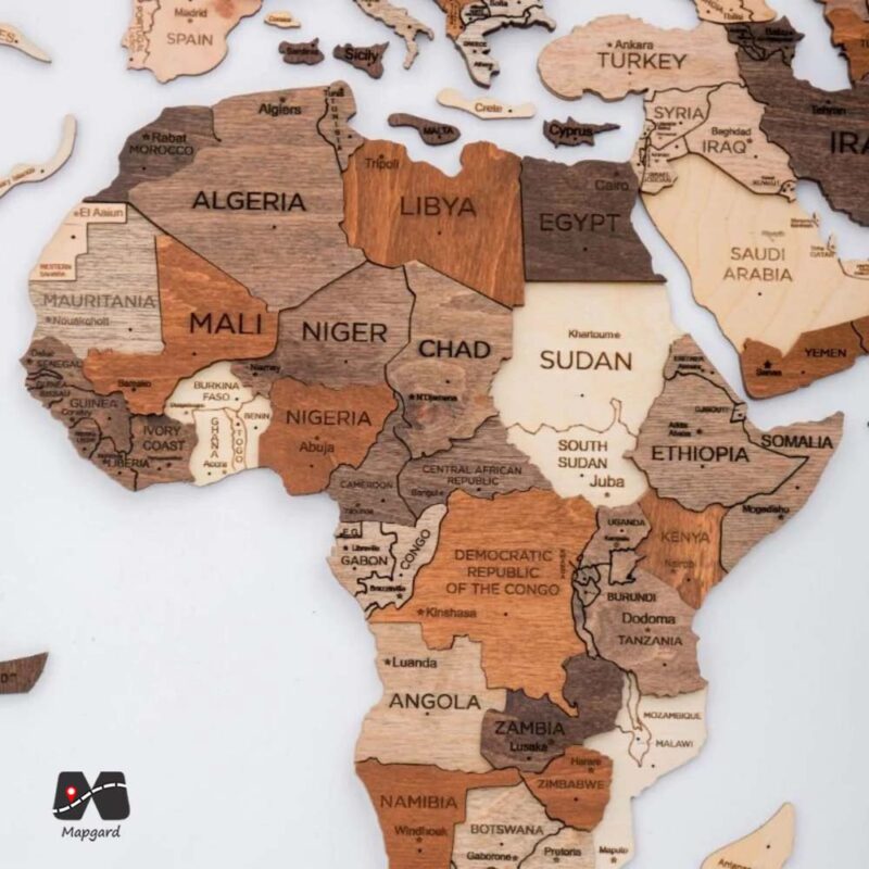 نقشه جهان چوبی پازلی سه بعدی رنگ عسلی نقشه آفریقا